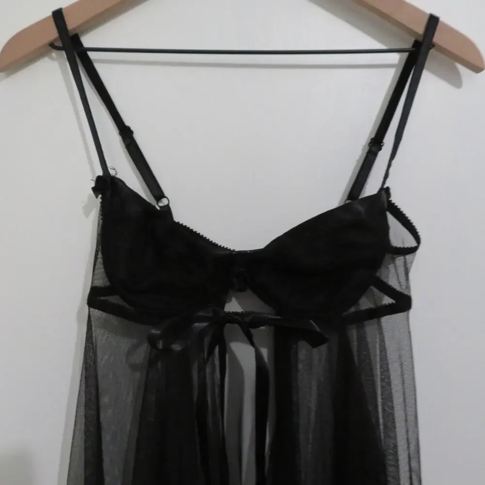 Victoria's Secret Women Sz 34B Black Vintage Y2K Sheer Open Front Flowy Nightie